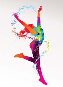 The dancing girl with colorful spots and splashes on a light background. Vector illustration.
